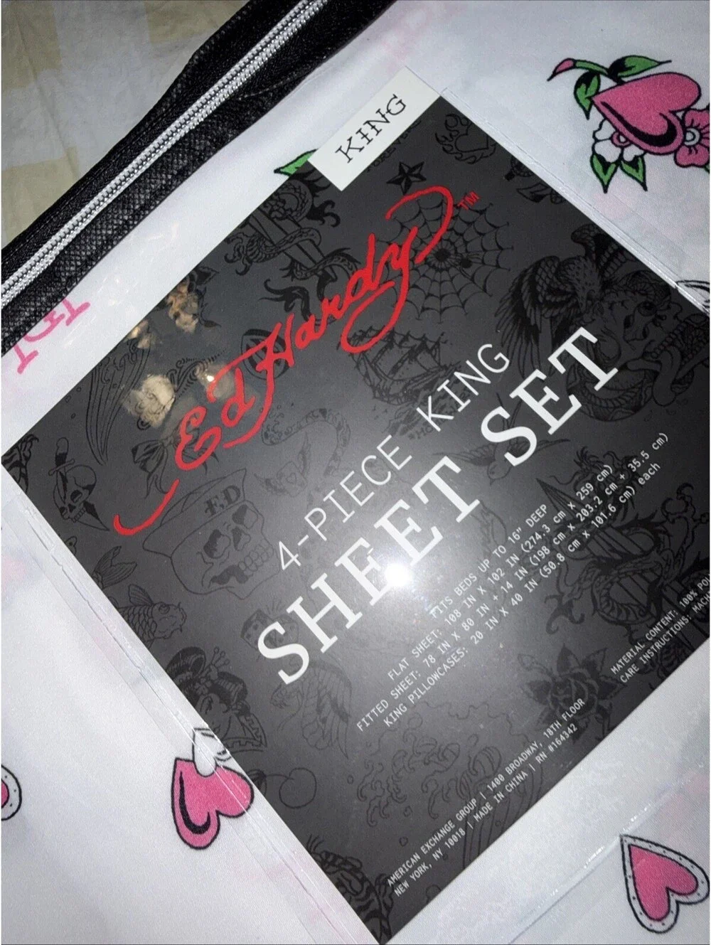 EXCLUSIVE!! ED HARDY Pink/white Hearts Flowers 4PC SHEET SET King